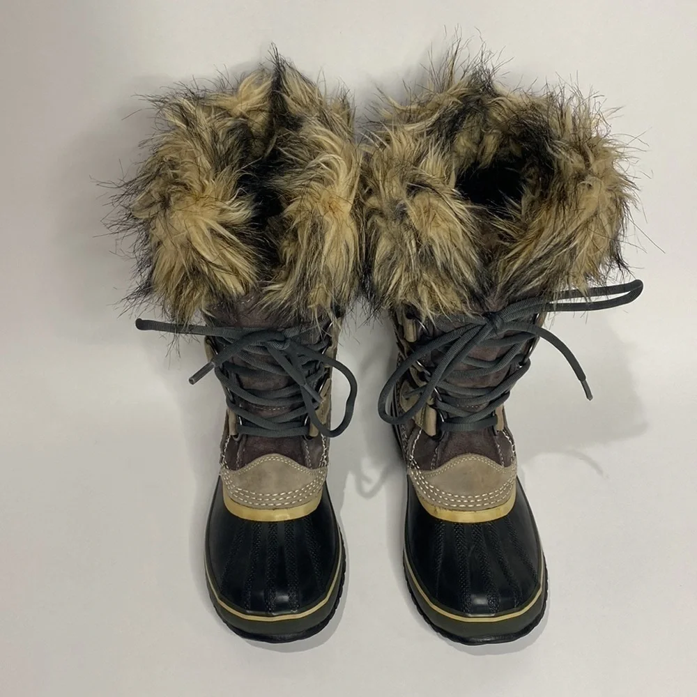 SOREL JOAN OF ARCTIC SNOW BOOTS FAUX FUR WATERPROOF BLACK & TAUPE WOMEN’S SZ 5